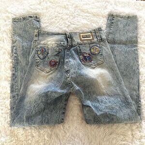 Joss Star Womens Acid Wash Jeans Embellished Pockets Route 69 Star Patches SZ 13